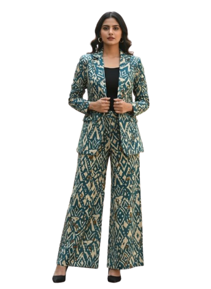 Woman wearing a patterned pantsuit standing outdoors.
